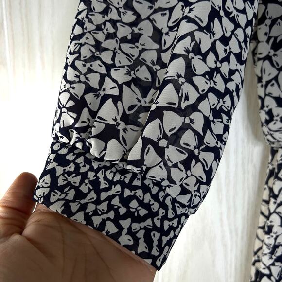 VTG 80s Secretary Dress Bow Print Lace Collar SZ 14 Navy Ivory Retro Coquette - Picture 3 of 7